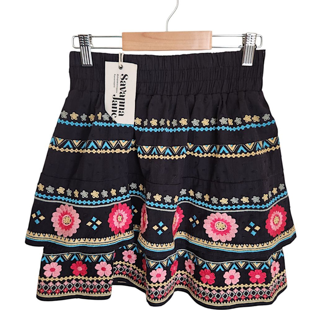 Savannah Jane Boho Mary Tiered Embroidery Mini Skirt S Southwestern Festival NWT